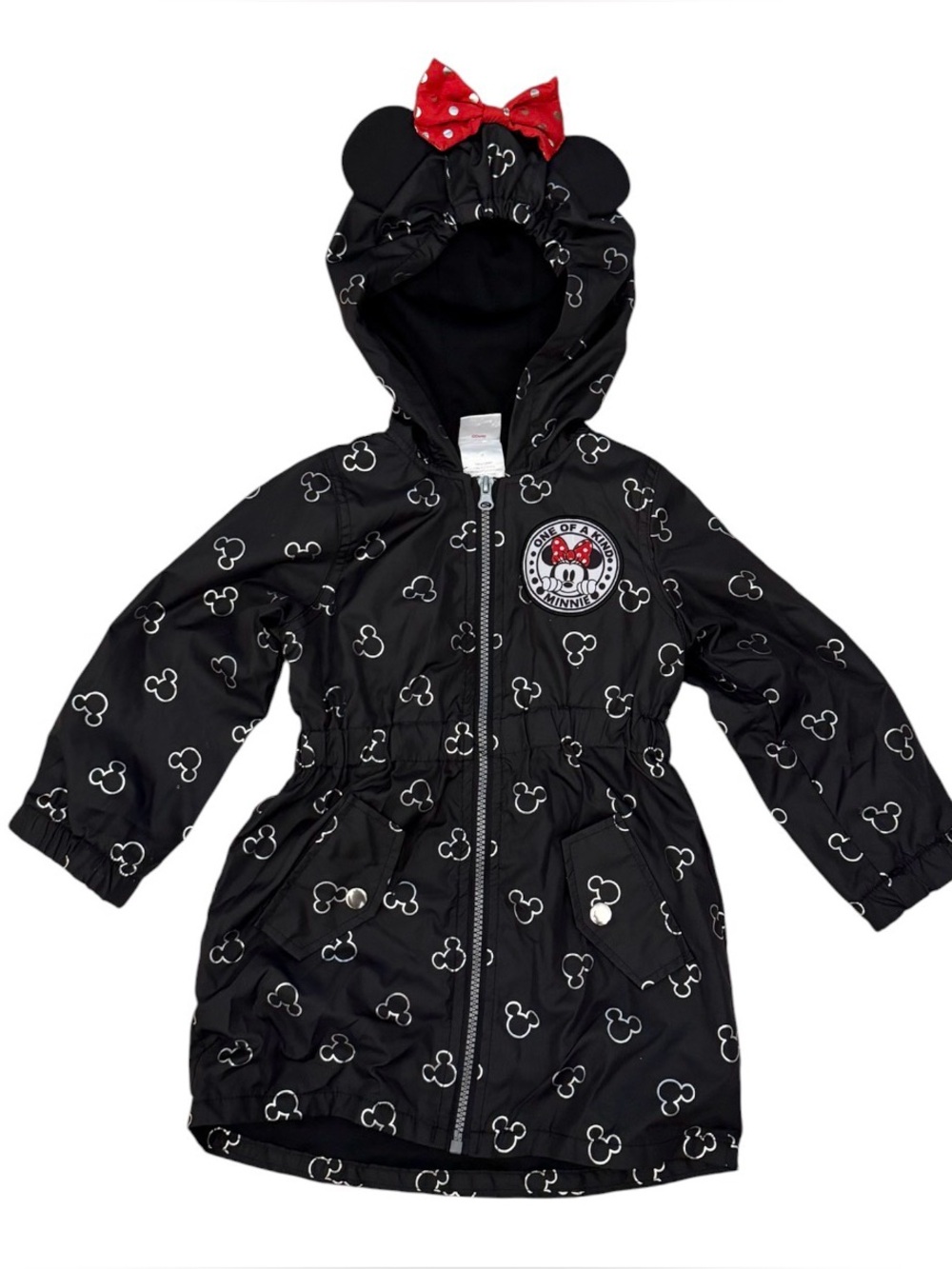 Disney Minnie Mouse 🎀 Hooded Rain Jacket Coat 3T Black Silver Print Ears Bow